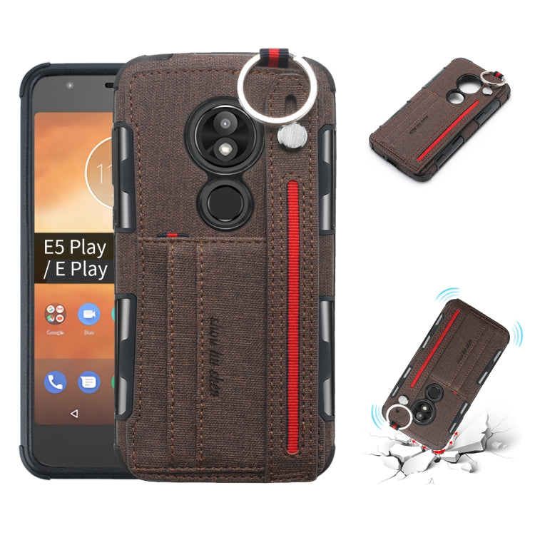 For Motorola Moto E5 Play Cloth Texture + TPU Shockproof Protective Case with Metal Ring & Holder & Card Slots & Hanging Strap