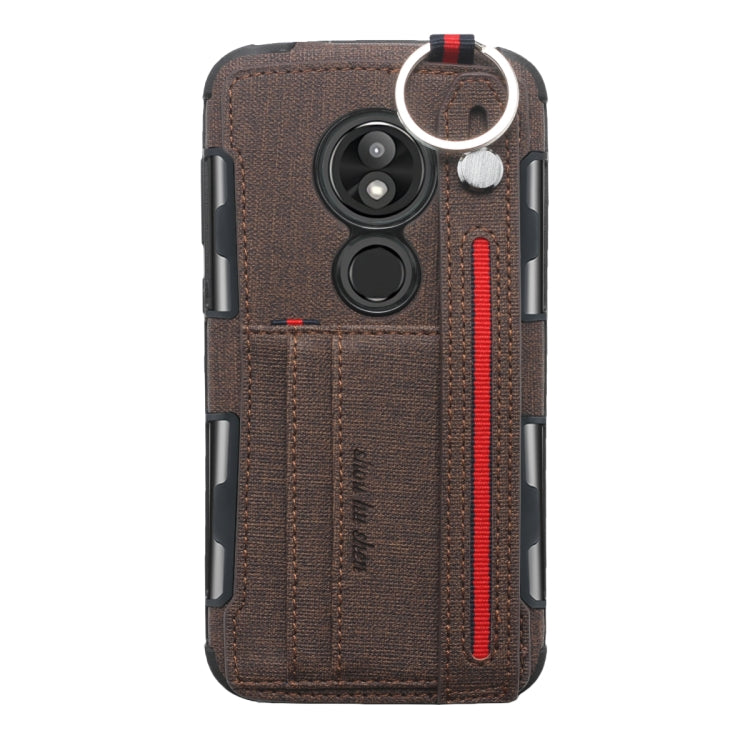 For Motorola Moto E5 Play Cloth Texture + TPU Shockproof Protective Case with Metal Ring & Holder & Card Slots & Hanging Strap