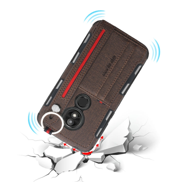 For Motorola Moto E5 Play Cloth Texture + TPU Shockproof Protective Case with Metal Ring & Holder & Card Slots & Hanging Strap