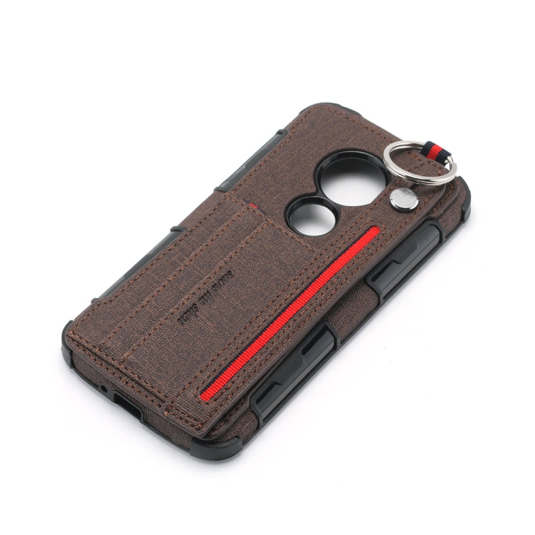For Motorola Moto E5 Play Cloth Texture + TPU Shockproof Protective Case with Metal Ring & Holder & Card Slots & Hanging Strap