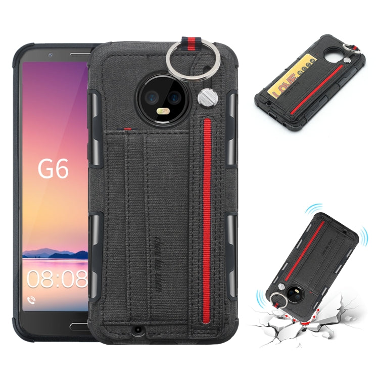 For Motorola Moto G6 Cloth Texture + TPU Shockproof Protective Case with Metal Ring & Holder & Card Slots & Hanging Strap