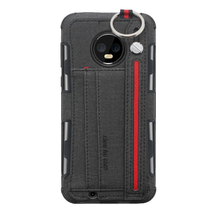 For Motorola Moto G6 Cloth Texture + TPU Shockproof Protective Case with Metal Ring & Holder & Card Slots & Hanging Strap