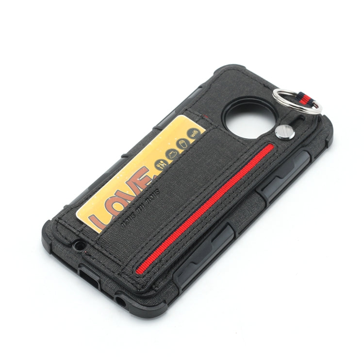 For Motorola Moto G6 Cloth Texture + TPU Shockproof Protective Case with Metal Ring & Holder & Card Slots & Hanging Strap