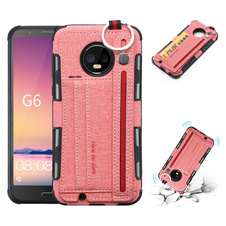 For Motorola Moto G6 Cloth Texture + TPU Shockproof Protective Case with Metal Ring & Holder & Card Slots & Hanging Strap