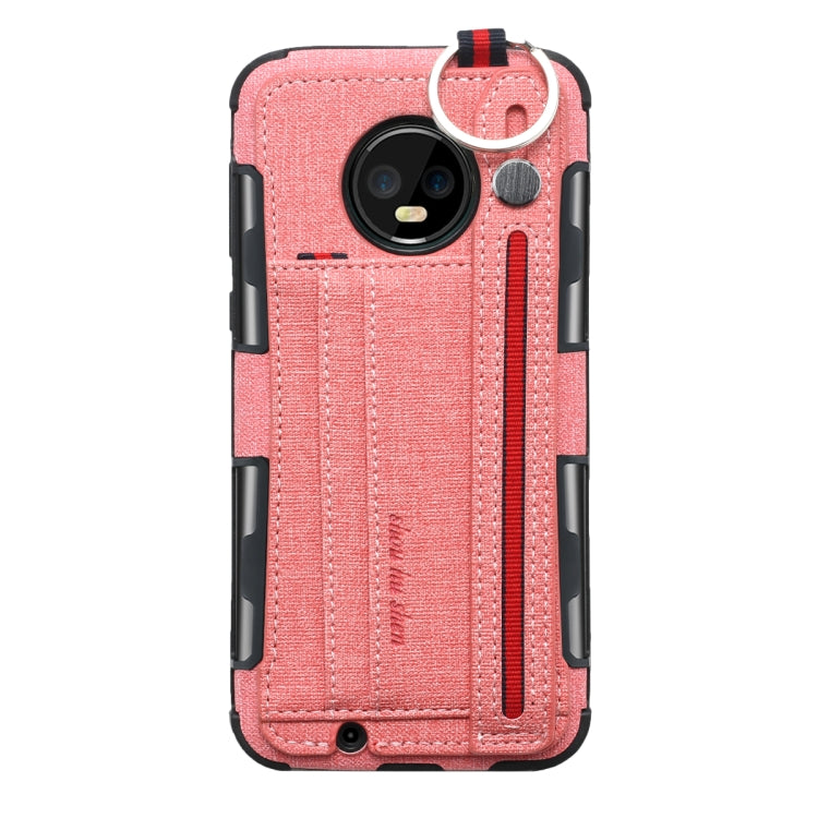 For Motorola Moto G6 Cloth Texture + TPU Shockproof Protective Case with Metal Ring & Holder & Card Slots & Hanging Strap
