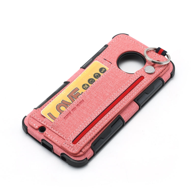 For Motorola Moto G6 Cloth Texture + TPU Shockproof Protective Case with Metal Ring & Holder & Card Slots & Hanging Strap