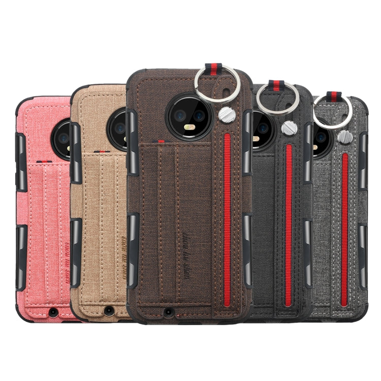 For Motorola Moto G6 Cloth Texture + TPU Shockproof Protective Case with Metal Ring & Holder & Card Slots & Hanging Strap