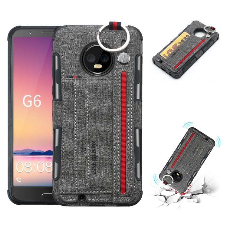 For Motorola Moto G6 Cloth Texture + TPU Shockproof Protective Case with Metal Ring & Holder & Card Slots & Hanging Strap