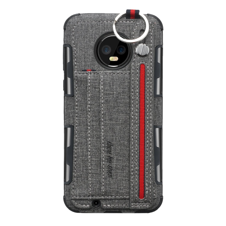 For Motorola Moto G6 Cloth Texture + TPU Shockproof Protective Case with Metal Ring & Holder & Card Slots & Hanging Strap