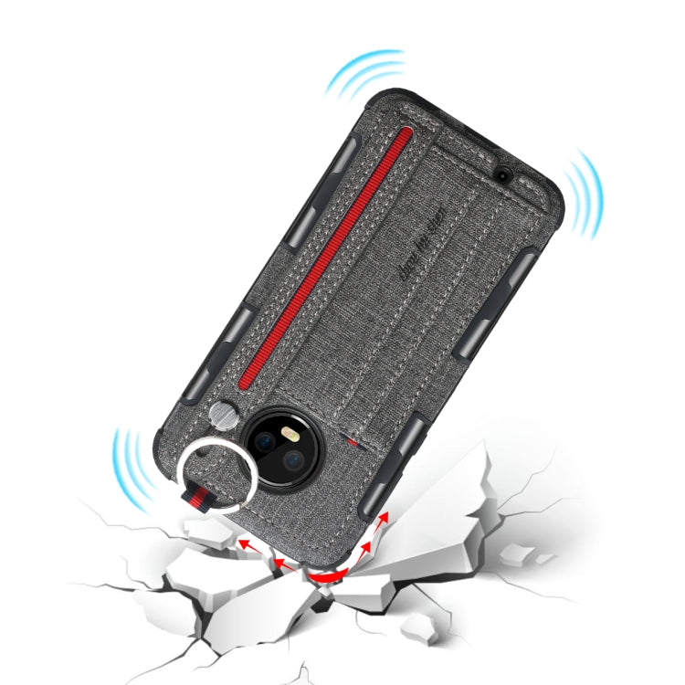 For Motorola Moto G6 Cloth Texture + TPU Shockproof Protective Case with Metal Ring & Holder & Card Slots & Hanging Strap