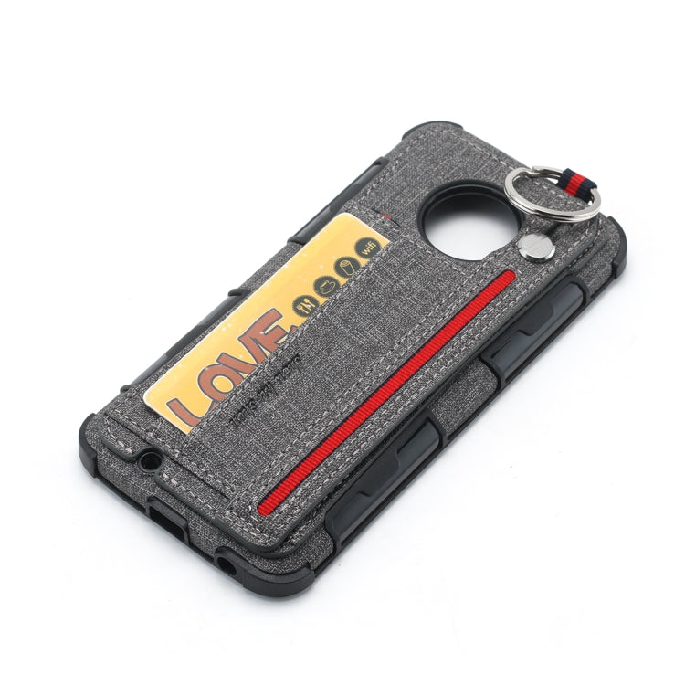 For Motorola Moto G6 Cloth Texture + TPU Shockproof Protective Case with Metal Ring & Holder & Card Slots & Hanging Strap
