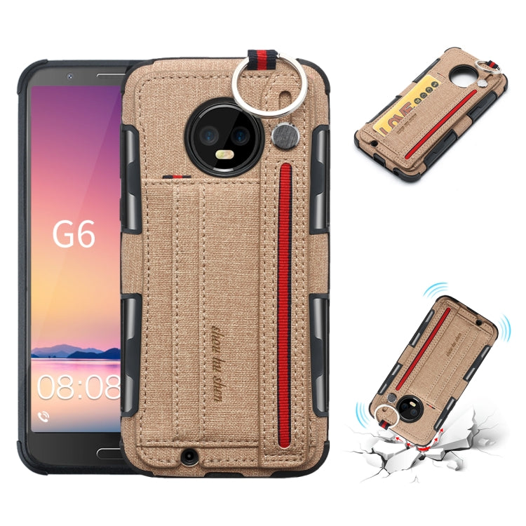 For Motorola Moto G6 Cloth Texture + TPU Shockproof Protective Case with Metal Ring & Holder & Card Slots & Hanging Strap