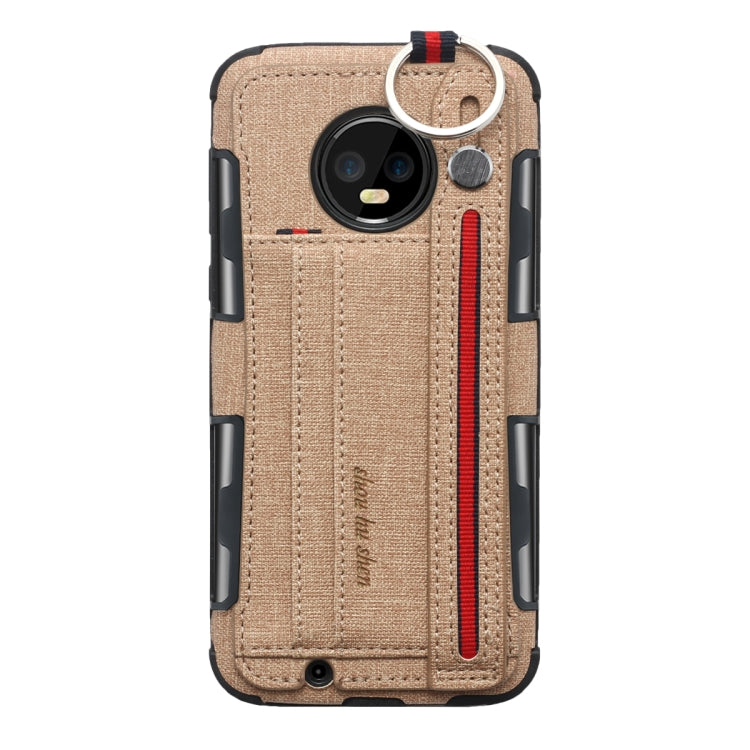 For Motorola Moto G6 Cloth Texture + TPU Shockproof Protective Case with Metal Ring & Holder & Card Slots & Hanging Strap