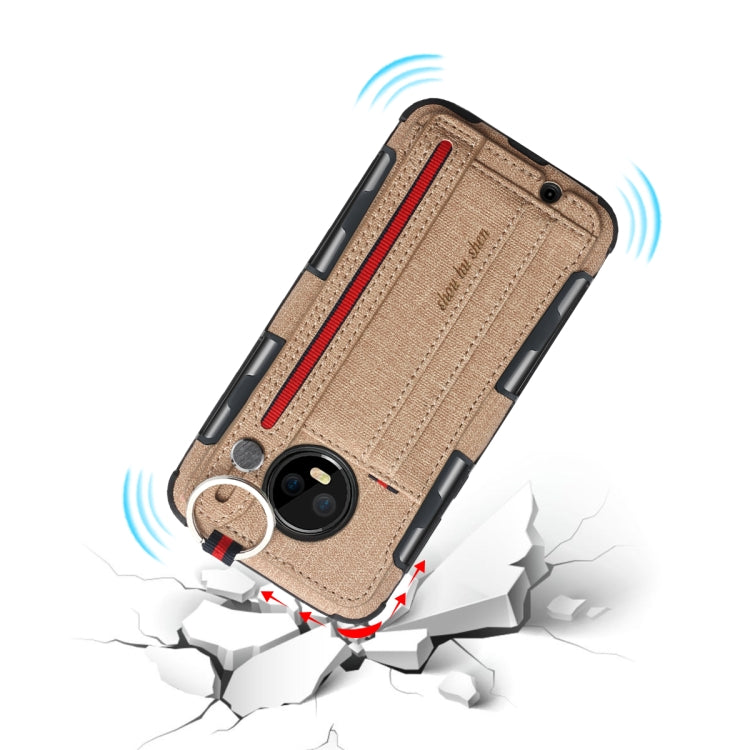 For Motorola Moto G6 Cloth Texture + TPU Shockproof Protective Case with Metal Ring & Holder & Card Slots & Hanging Strap