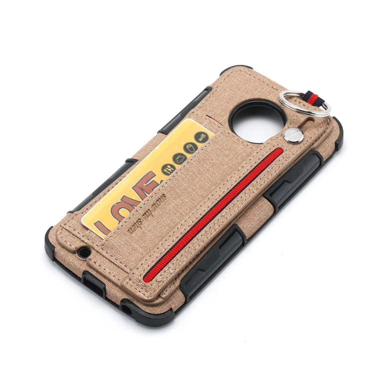 For Motorola Moto G6 Cloth Texture + TPU Shockproof Protective Case with Metal Ring & Holder & Card Slots & Hanging Strap