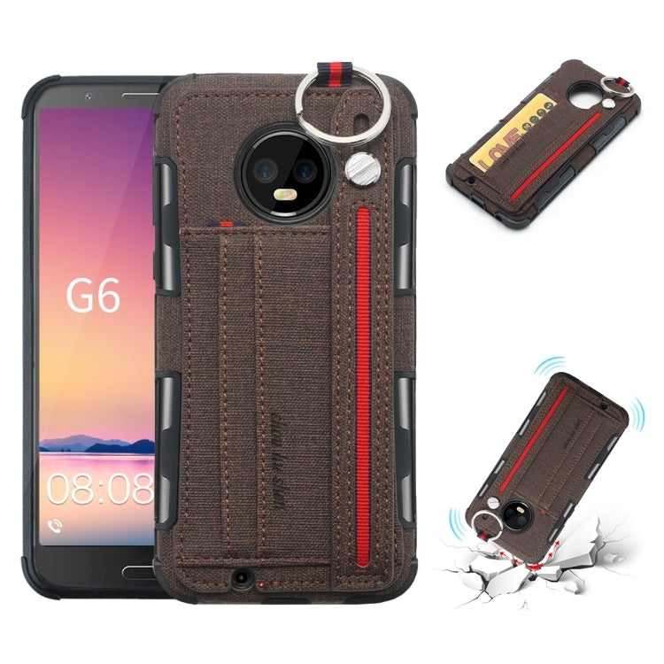 For Motorola Moto G6 Cloth Texture + TPU Shockproof Protective Case with Metal Ring & Holder & Card Slots & Hanging Strap