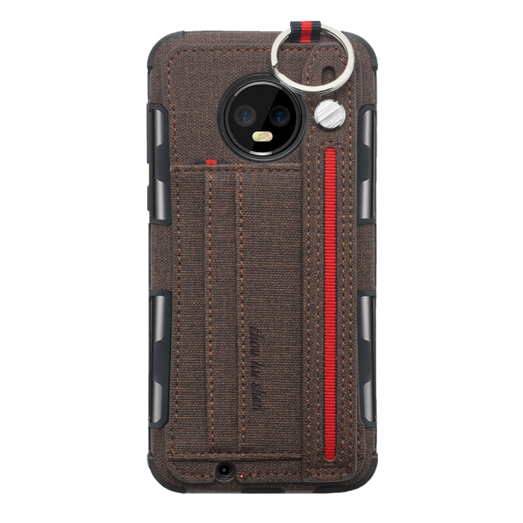 For Motorola Moto G6 Cloth Texture + TPU Shockproof Protective Case with Metal Ring & Holder & Card Slots & Hanging Strap