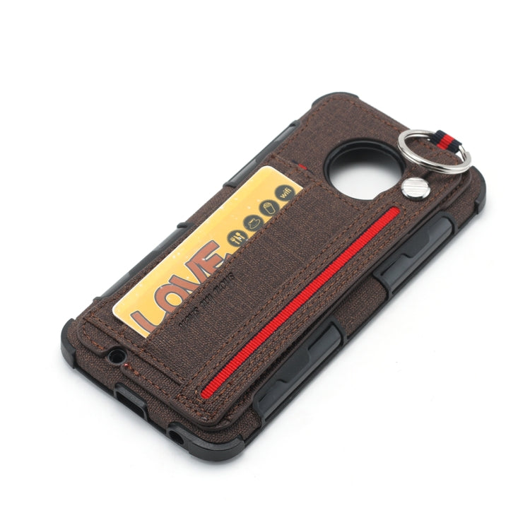 For Motorola Moto G6 Cloth Texture + TPU Shockproof Protective Case with Metal Ring & Holder & Card Slots & Hanging Strap