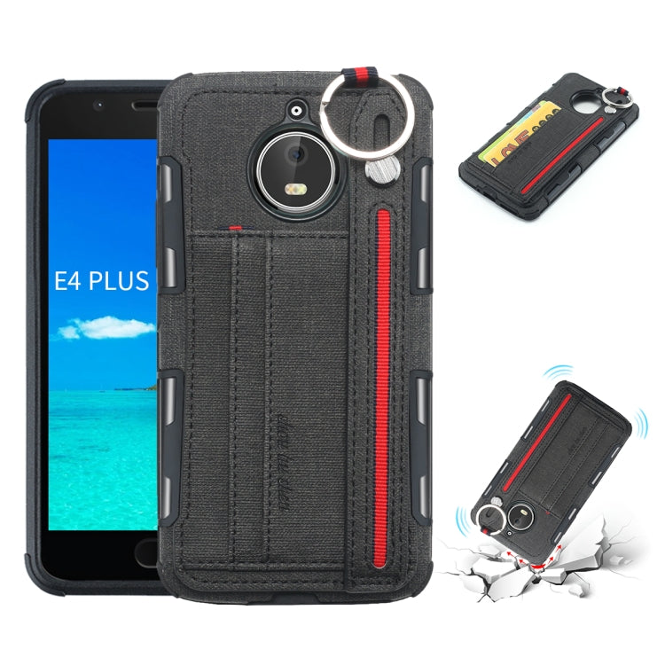 For Motorola Moto E4 Plus Cloth Texture + TPU Shockproof Protective Case with Metal Ring & Holder & Card Slots & Hanging Strap