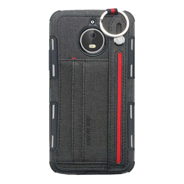 For Motorola Moto E4 Plus Cloth Texture + TPU Shockproof Protective Case with Metal Ring & Holder & Card Slots & Hanging Strap