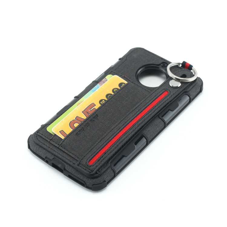 For Motorola Moto E4 Plus Cloth Texture + TPU Shockproof Protective Case with Metal Ring & Holder & Card Slots & Hanging Strap