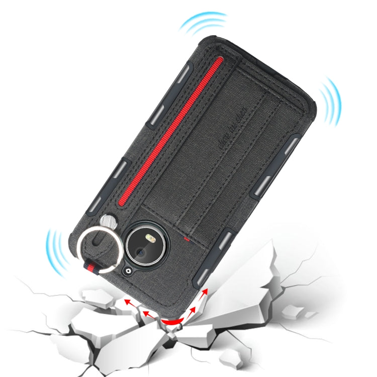For Motorola Moto E4 Plus Cloth Texture + TPU Shockproof Protective Case with Metal Ring & Holder & Card Slots & Hanging Strap