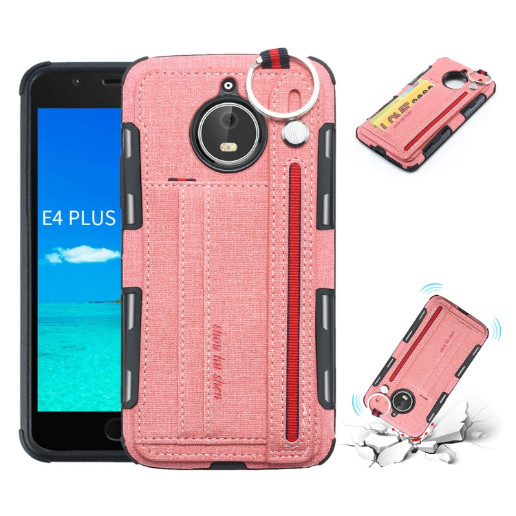 For Motorola Moto E4 Plus Cloth Texture + TPU Shockproof Protective Case with Metal Ring & Holder & Card Slots & Hanging Strap