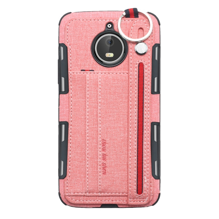 For Motorola Moto E4 Plus Cloth Texture + TPU Shockproof Protective Case with Metal Ring & Holder & Card Slots & Hanging Strap