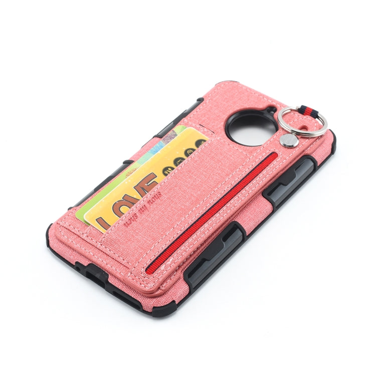 For Motorola Moto E4 Plus Cloth Texture + TPU Shockproof Protective Case with Metal Ring & Holder & Card Slots & Hanging Strap