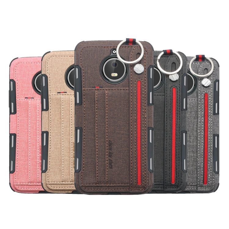 For Motorola Moto E4 Plus Cloth Texture + TPU Shockproof Protective Case with Metal Ring & Holder & Card Slots & Hanging Strap