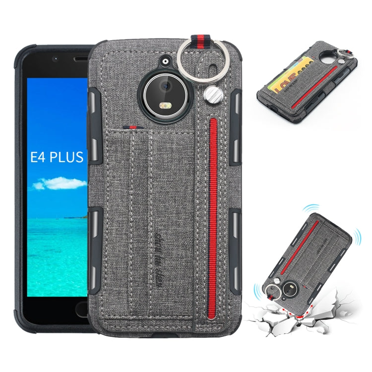 For Motorola Moto E4 Plus Cloth Texture + TPU Shockproof Protective Case with Metal Ring & Holder & Card Slots & Hanging Strap