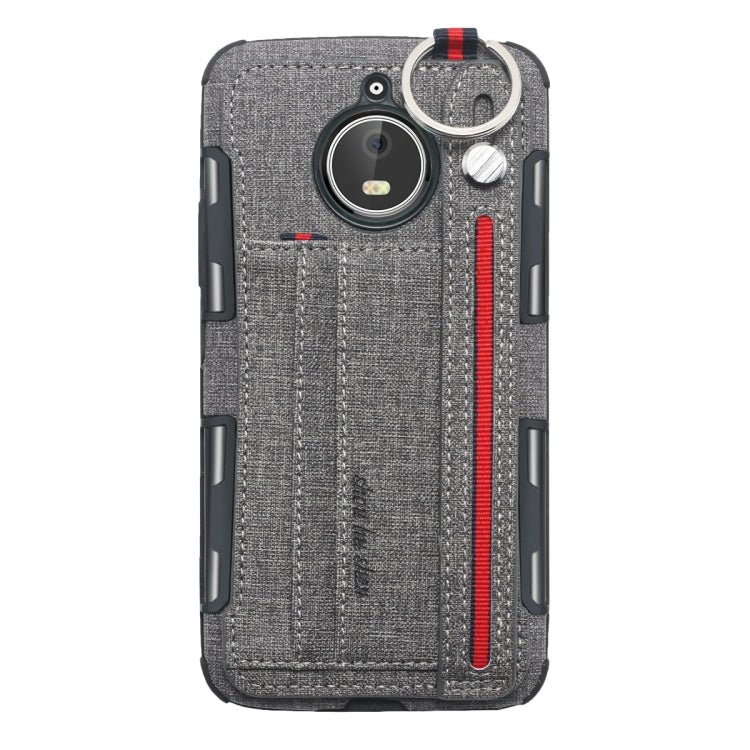For Motorola Moto E4 Plus Cloth Texture + TPU Shockproof Protective Case with Metal Ring & Holder & Card Slots & Hanging Strap
