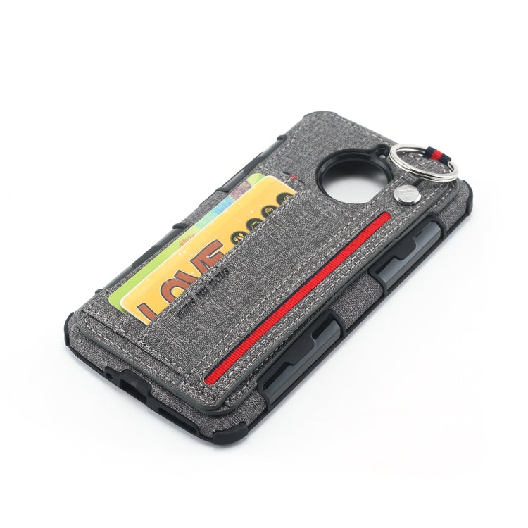 For Motorola Moto E4 Plus Cloth Texture + TPU Shockproof Protective Case with Metal Ring & Holder & Card Slots & Hanging Strap