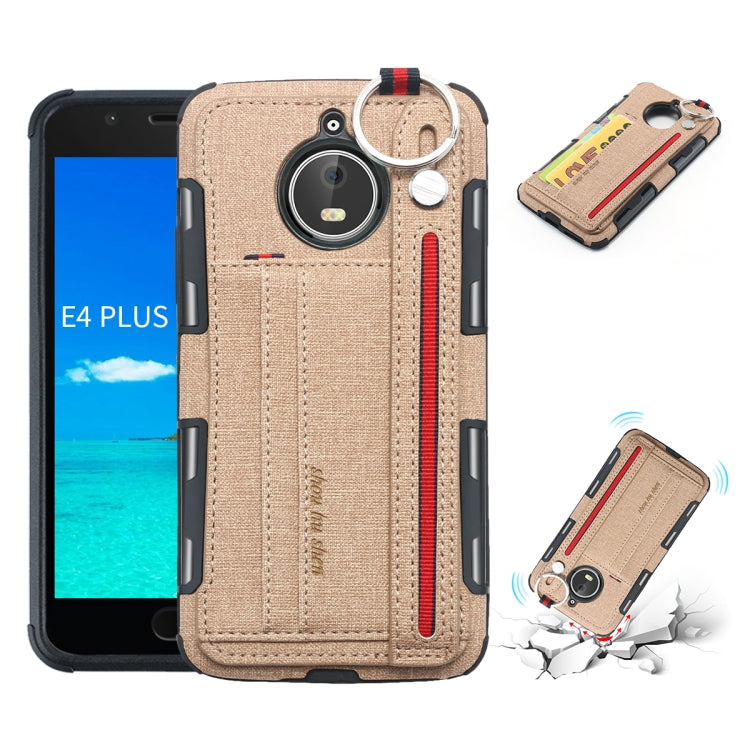 For Motorola Moto E4 Plus Cloth Texture + TPU Shockproof Protective Case with Metal Ring & Holder & Card Slots & Hanging Strap