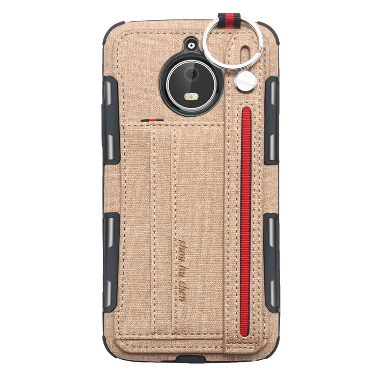 For Motorola Moto E4 Plus Cloth Texture + TPU Shockproof Protective Case with Metal Ring & Holder & Card Slots & Hanging Strap