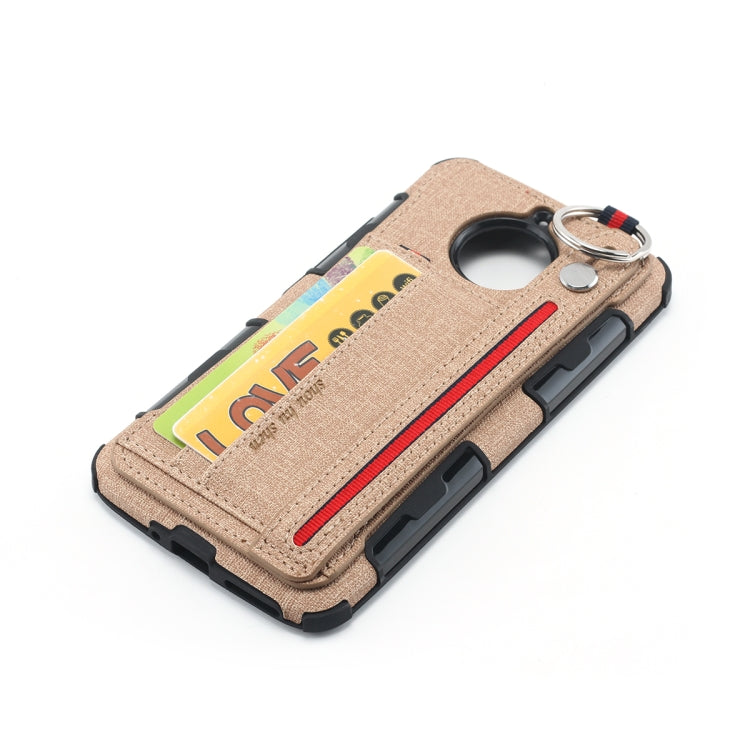 For Motorola Moto E4 Plus Cloth Texture + TPU Shockproof Protective Case with Metal Ring & Holder & Card Slots & Hanging Strap