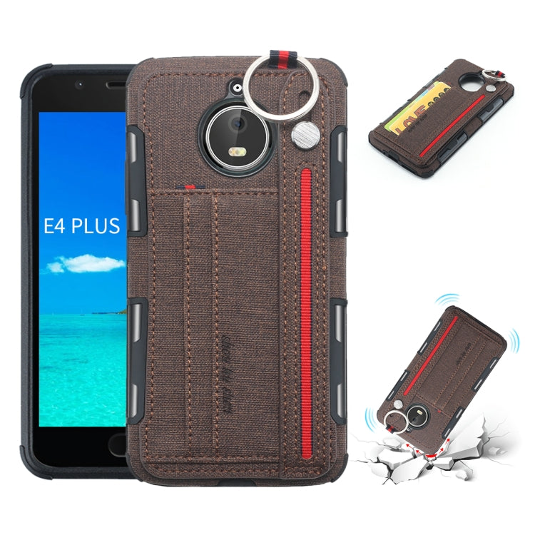 For Motorola Moto E4 Plus Cloth Texture + TPU Shockproof Protective Case with Metal Ring & Holder & Card Slots & Hanging Strap