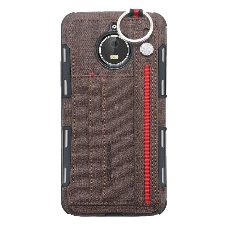 For Motorola Moto E4 Plus Cloth Texture + TPU Shockproof Protective Case with Metal Ring & Holder & Card Slots & Hanging Strap