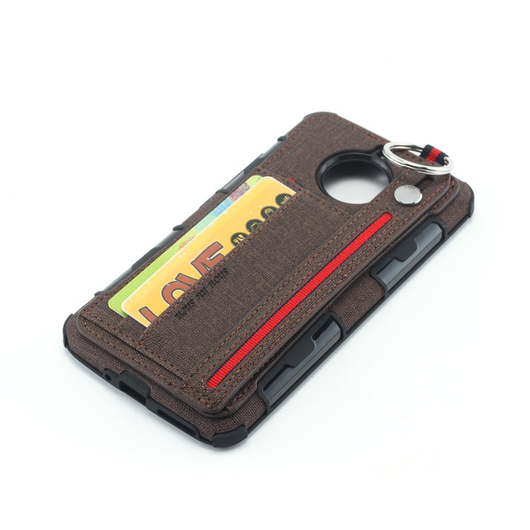 For Motorola Moto E4 Plus Cloth Texture + TPU Shockproof Protective Case with Metal Ring & Holder & Card Slots & Hanging Strap