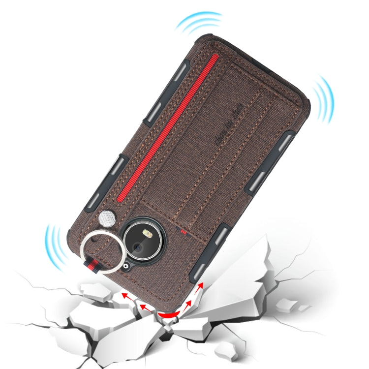 For Motorola Moto E4 Plus Cloth Texture + TPU Shockproof Protective Case with Metal Ring & Holder & Card Slots & Hanging Strap