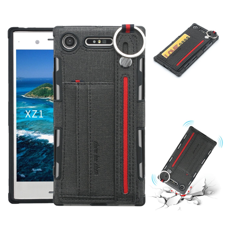 For Sony Xperia XZ1 Cloth Texture + TPU Shockproof Protective Case with Metal Ring & Holder & Card Slots & Hanging Strap