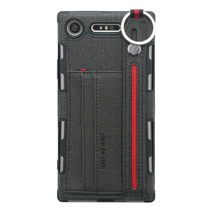 For Sony Xperia XZ1 Cloth Texture + TPU Shockproof Protective Case with Metal Ring & Holder & Card Slots & Hanging Strap