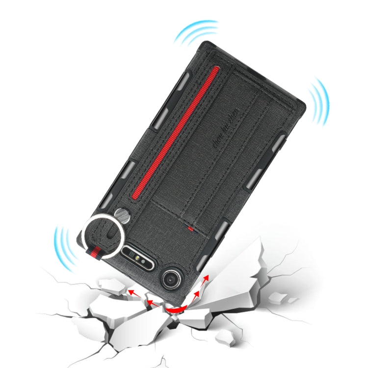 For Sony Xperia XZ1 Cloth Texture + TPU Shockproof Protective Case with Metal Ring & Holder & Card Slots & Hanging Strap