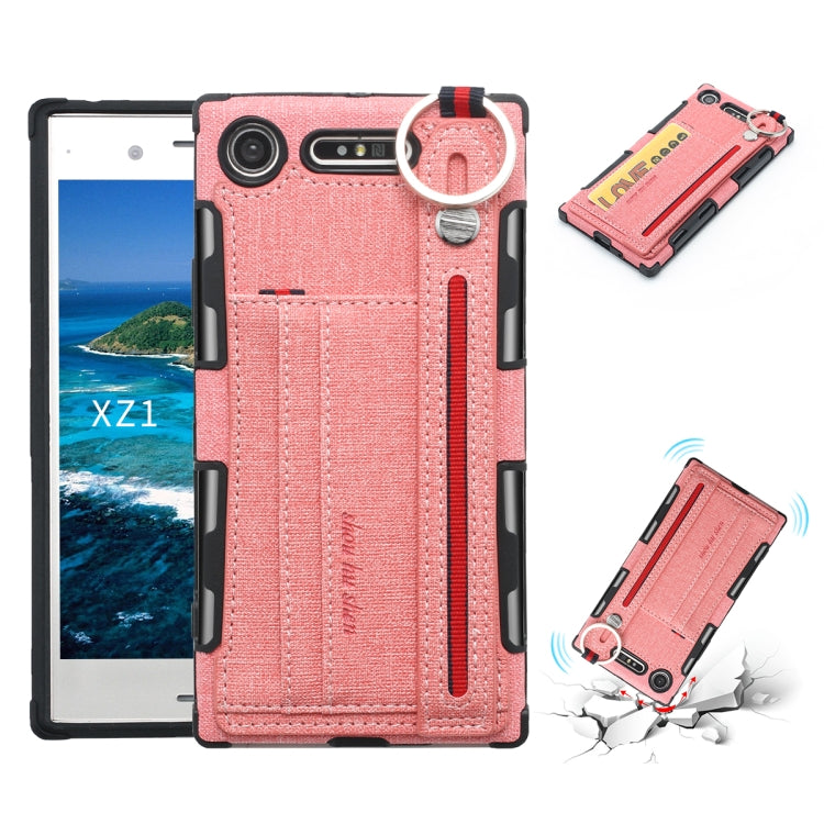 For Sony Xperia XZ1 Cloth Texture + TPU Shockproof Protective Case with Metal Ring & Holder & Card Slots & Hanging Strap