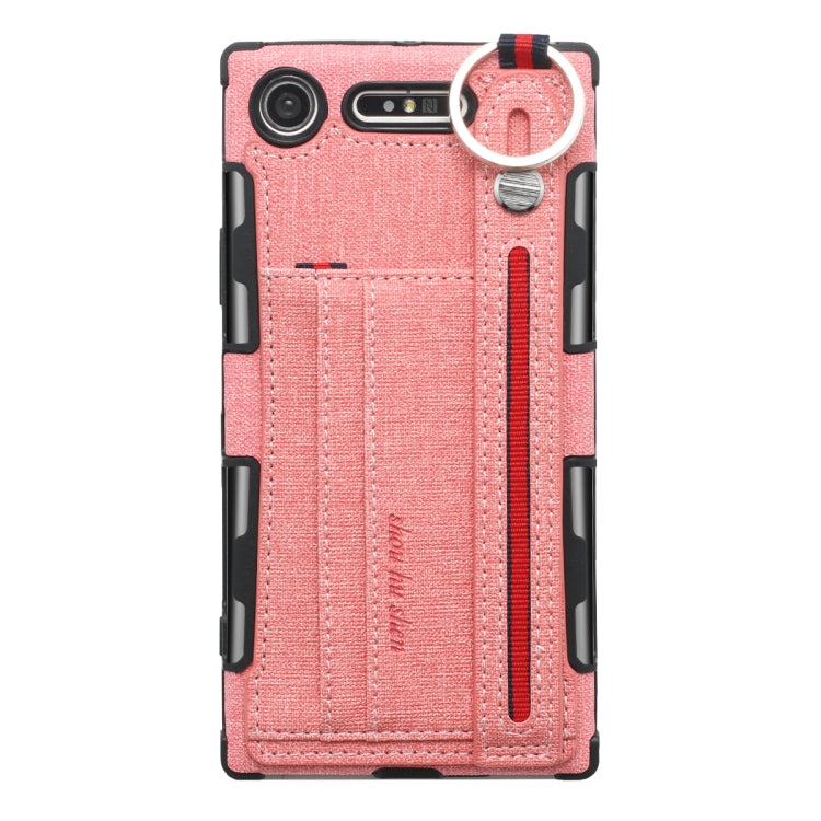 For Sony Xperia XZ1 Cloth Texture + TPU Shockproof Protective Case with Metal Ring & Holder & Card Slots & Hanging Strap