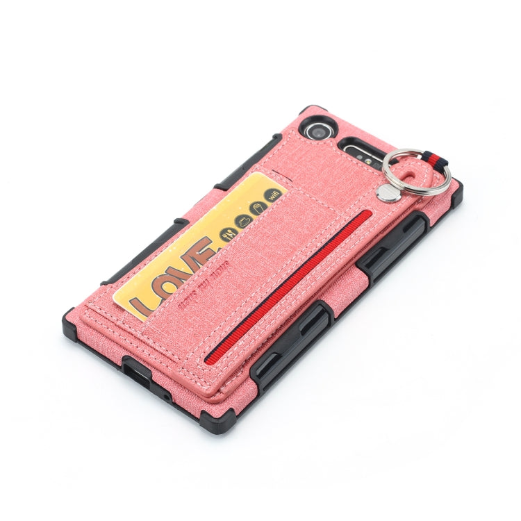 For Sony Xperia XZ1 Cloth Texture + TPU Shockproof Protective Case with Metal Ring & Holder & Card Slots & Hanging Strap