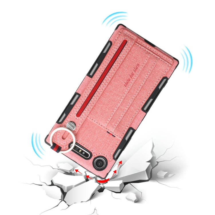For Sony Xperia XZ1 Cloth Texture + TPU Shockproof Protective Case with Metal Ring & Holder & Card Slots & Hanging Strap