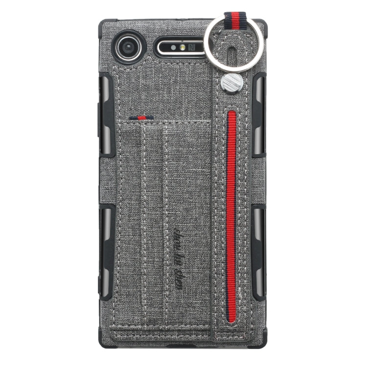 For Sony Xperia XZ1 Cloth Texture + TPU Shockproof Protective Case with Metal Ring & Holder & Card Slots & Hanging Strap