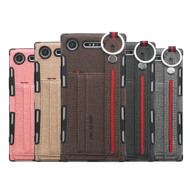 For Sony Xperia XZ1 Cloth Texture + TPU Shockproof Protective Case with Metal Ring & Holder & Card Slots & Hanging Strap