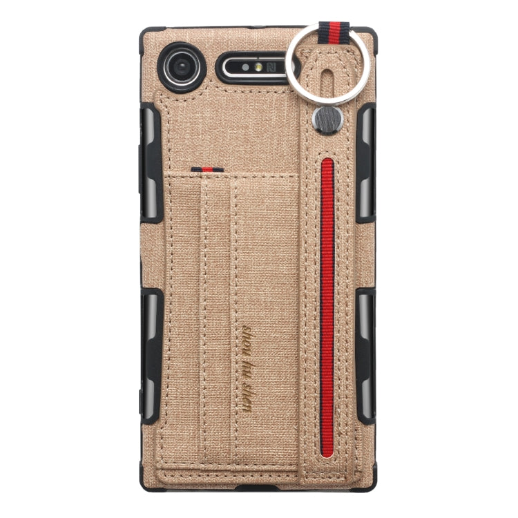 For Sony Xperia XZ1 Cloth Texture + TPU Shockproof Protective Case with Metal Ring & Holder & Card Slots & Hanging Strap